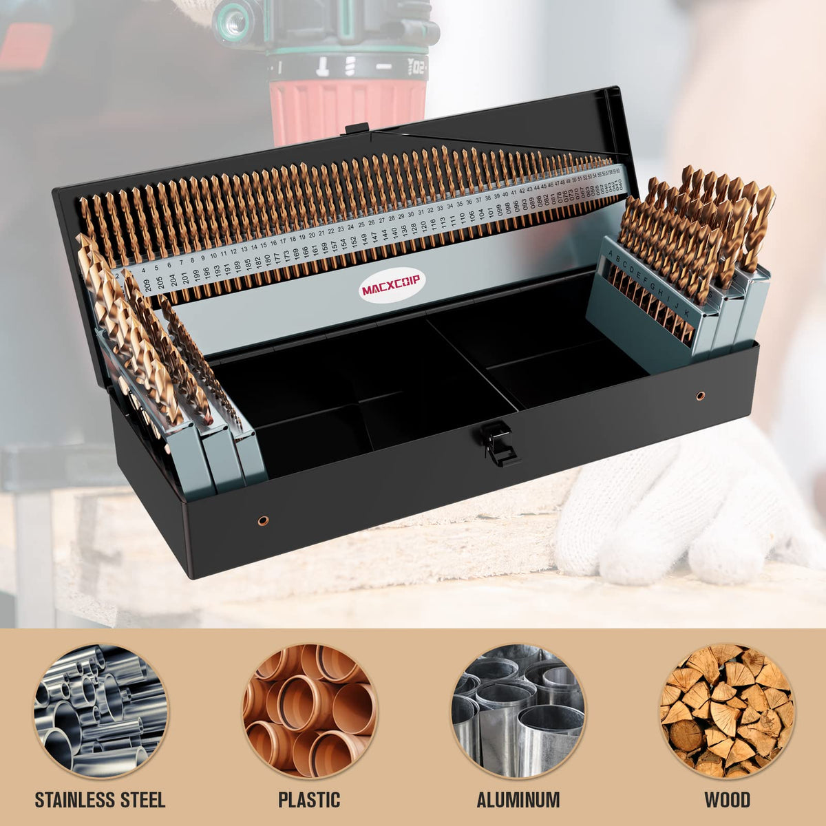 MACXCOIP drill bits cover fractional, letter, and numbered sizes for versatile tasks