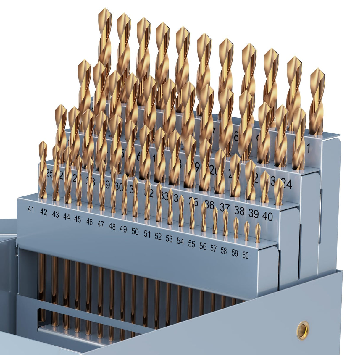 MACXCOIP cobalt drill bit set in a compact storage case for fast access.
