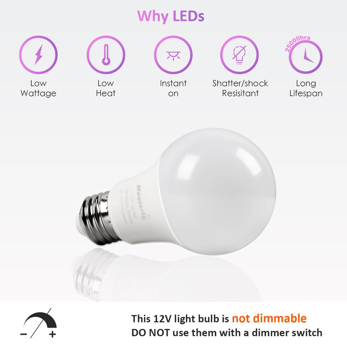 Maelsrlg 12V LED bulb designed for off-grid and solar-powered lighting.