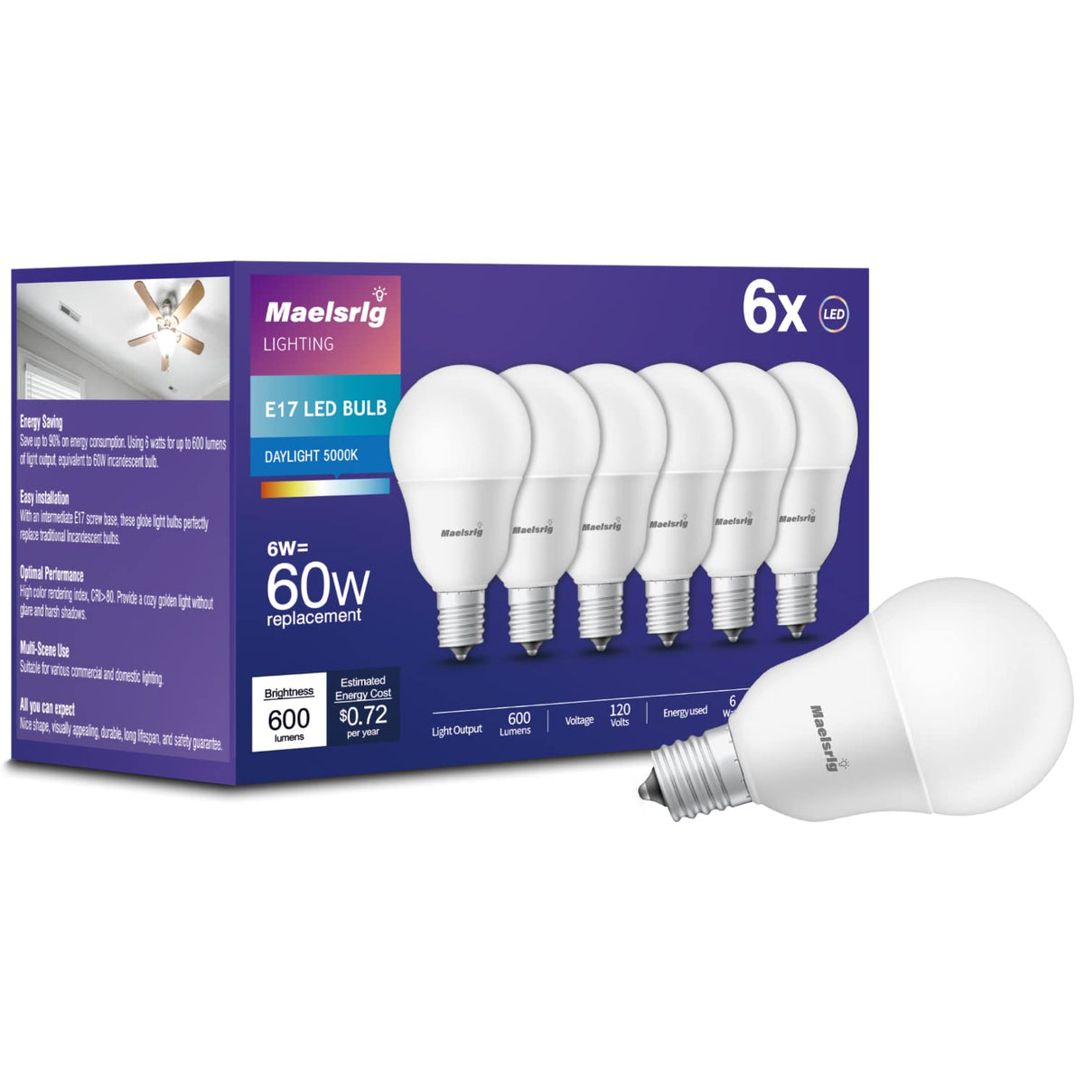 Maelsrlg E17 LED globe bulb for ceiling fans, daylight 5000K, energy efficient.