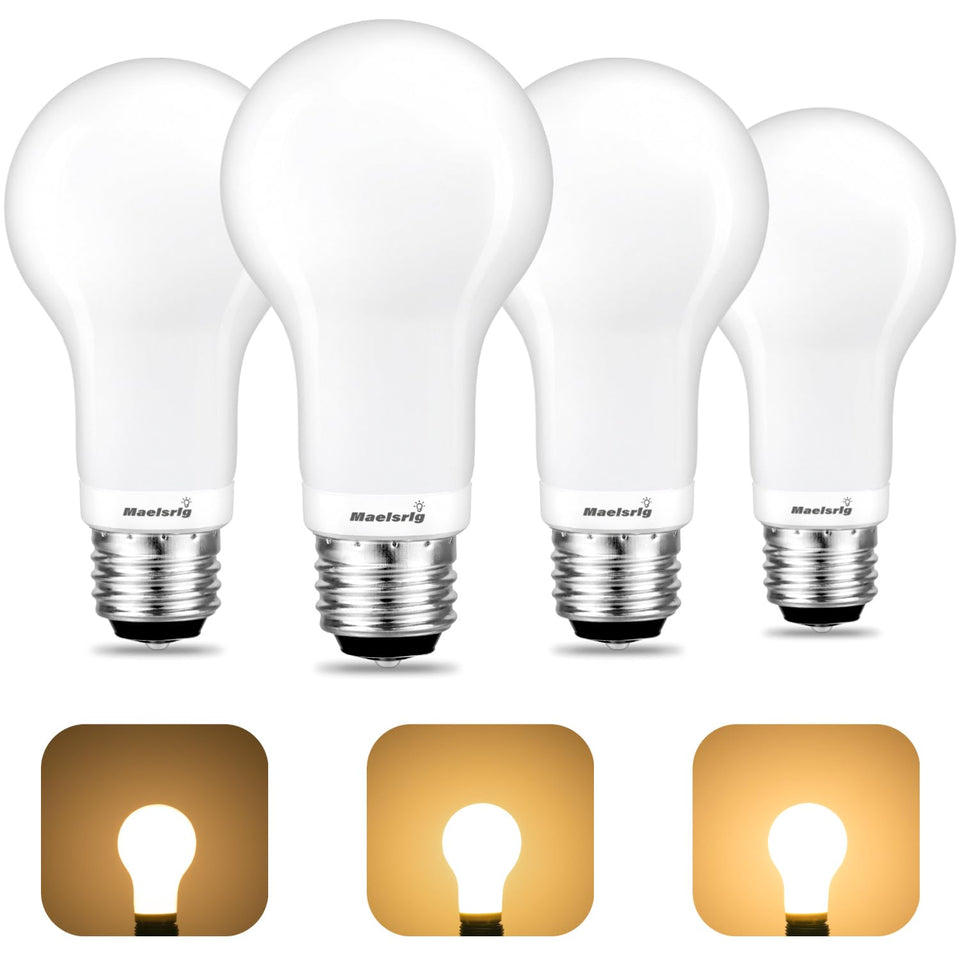 Maelsrlg three-way bulbs offering 30/70/100W equivalents for flexible living room lighting.