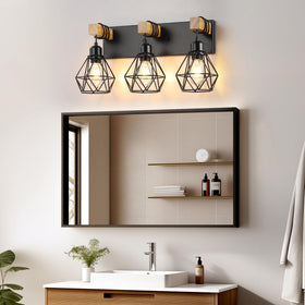 Maesta wood-accent vanity light adds natural texture to interiors