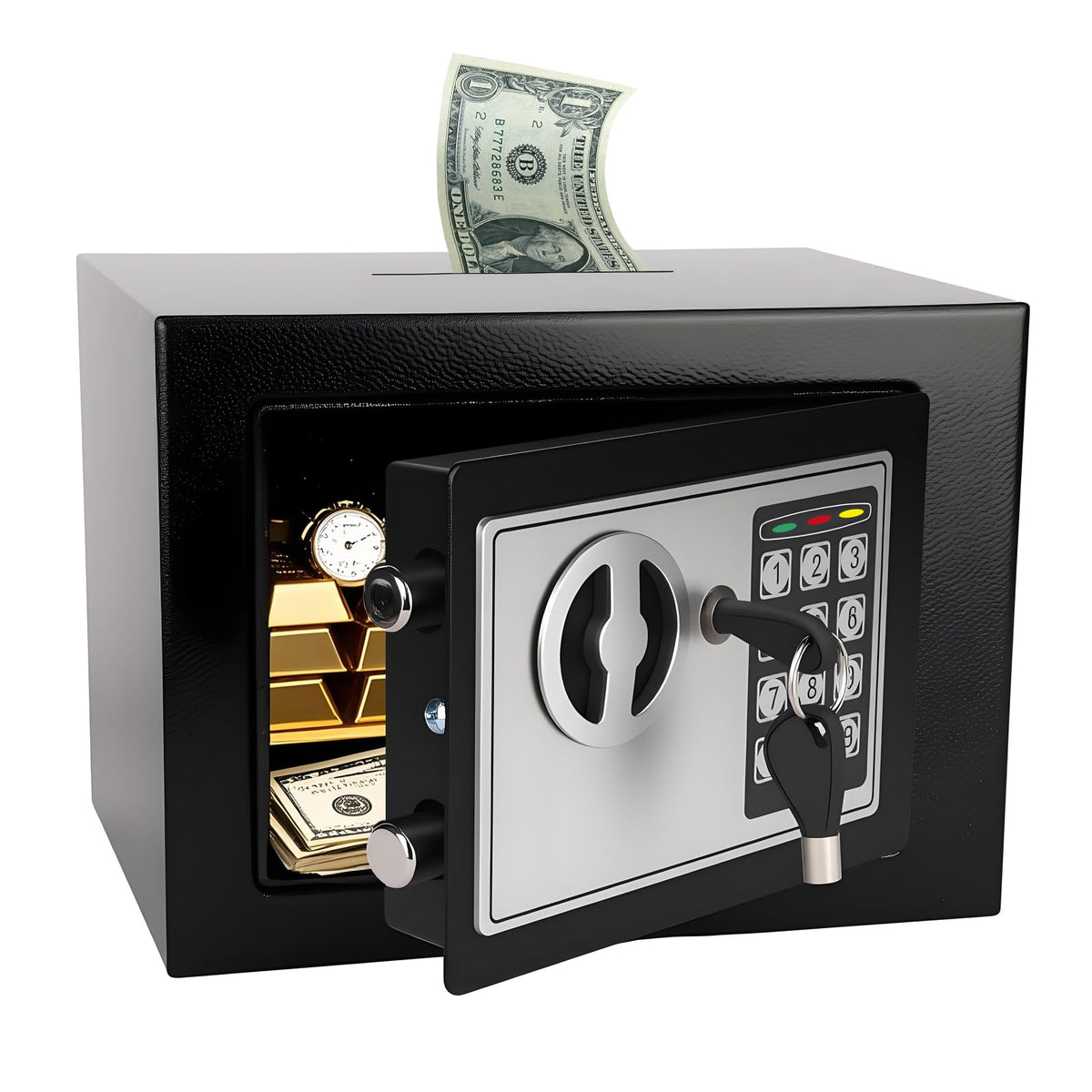 Maeston mini safe box with digital keypad, front view for secure access