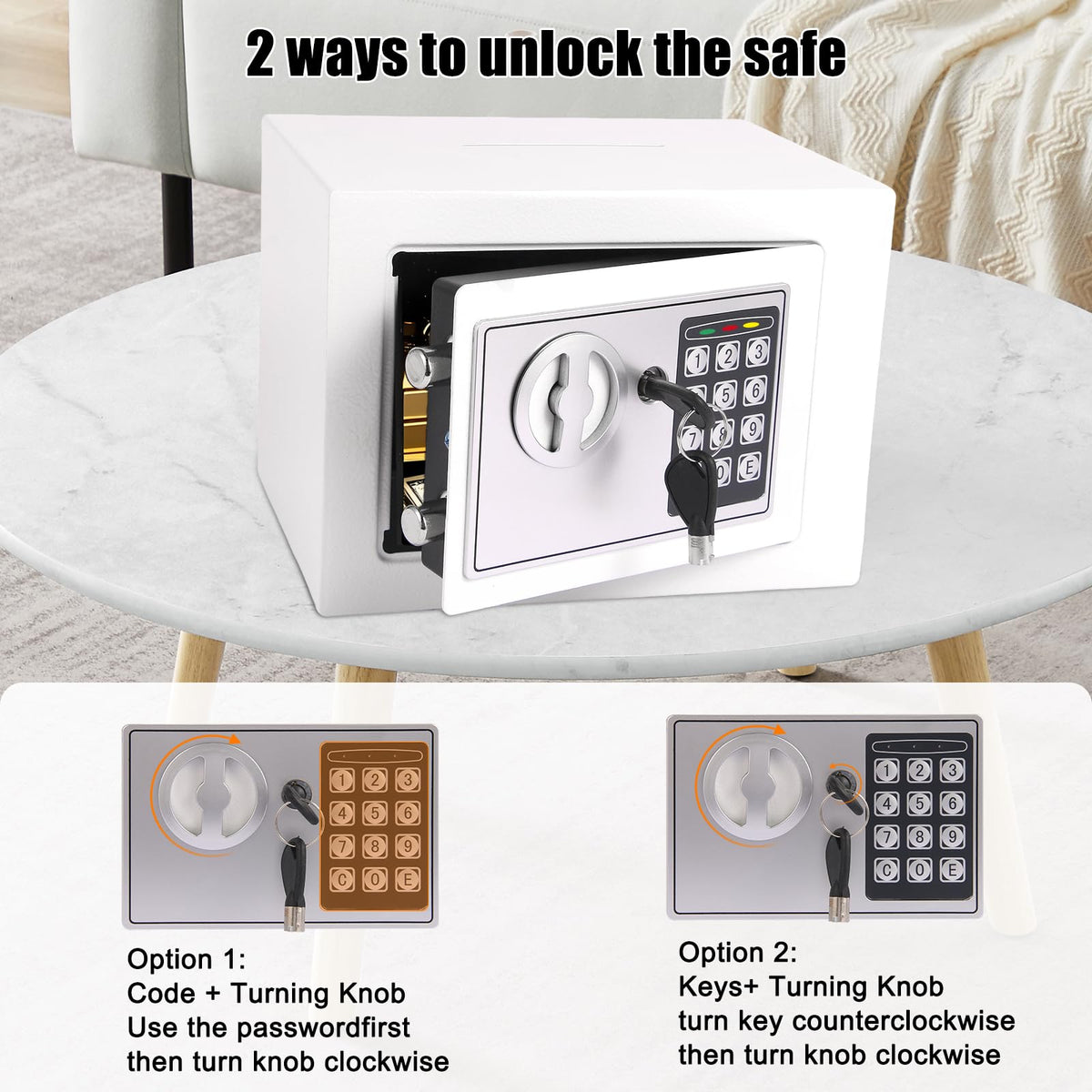 MAESTON mini safe dimensions diagram clarifies compact footprint for desks