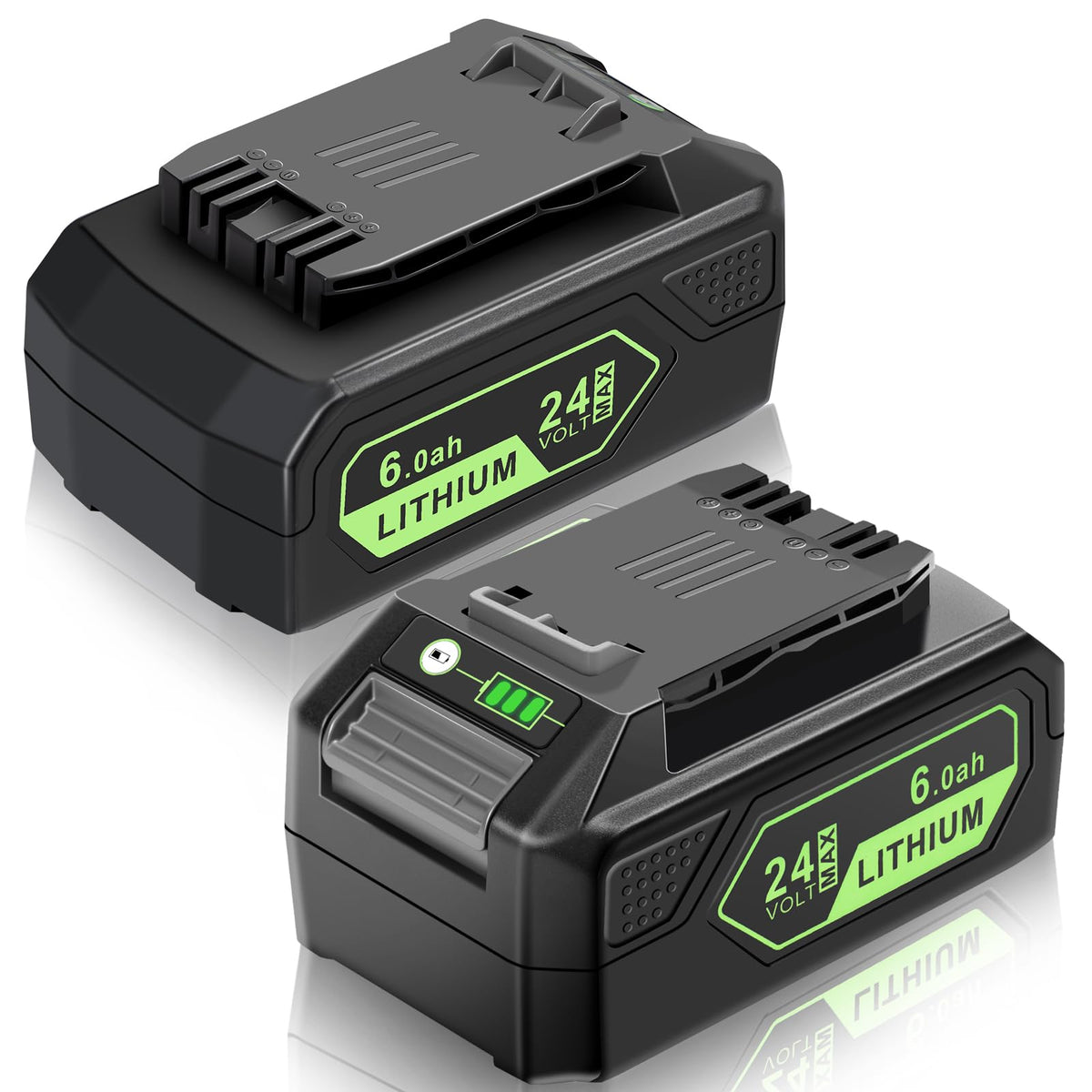 MAFACBAC 24V battery front view showing Greenworks compatibility for easy replacements