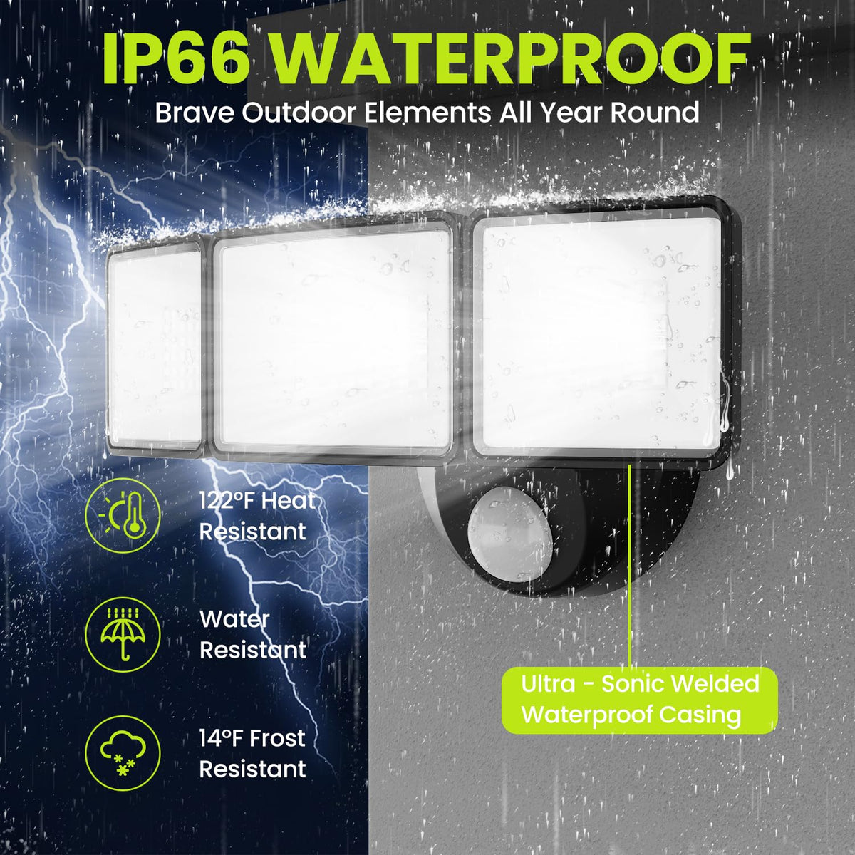 MAGAGUVU 7500LM LED security light three-head adjustability enhances yard visibility.