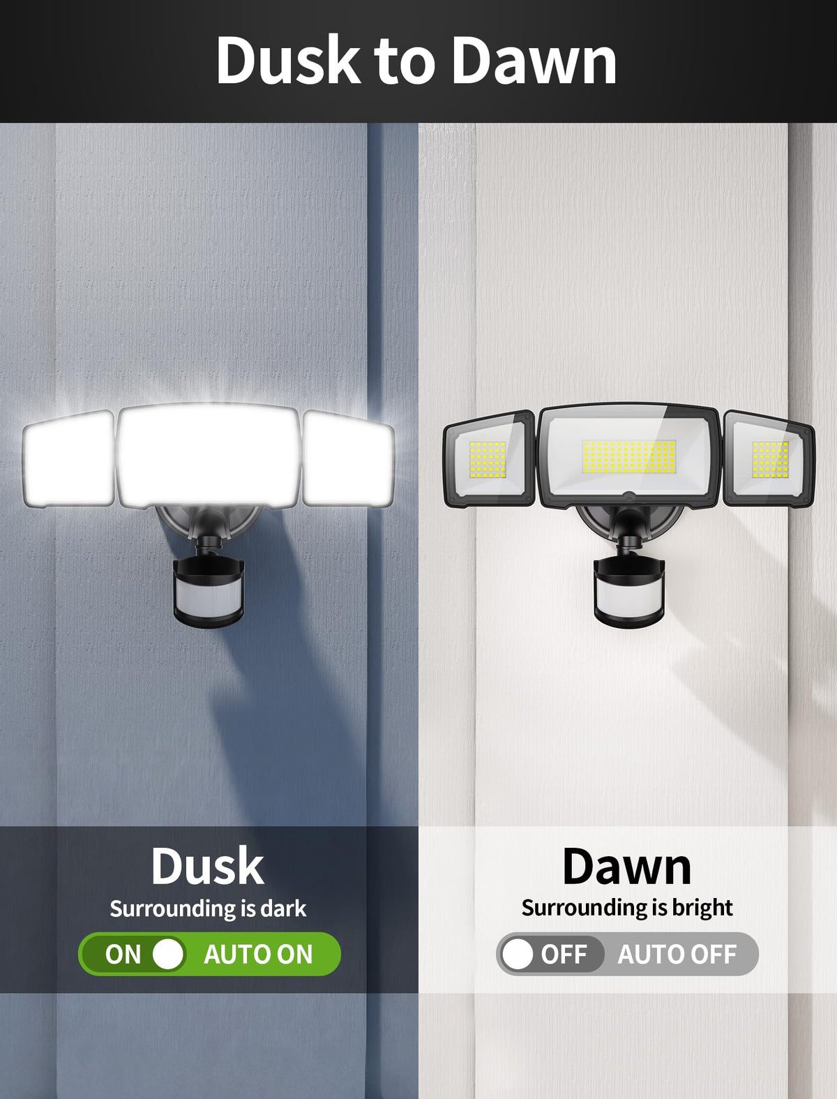 MAGAGUVU three-head design enabling wide-area lighting coverage for yard safety.