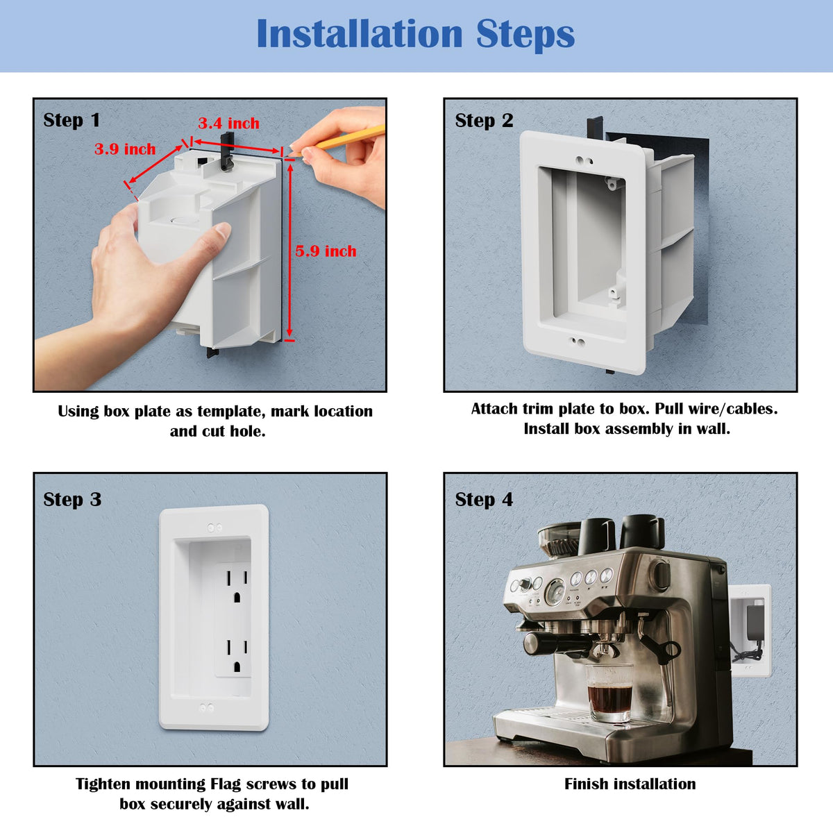 Magaliyo recessed outlet box features a flush wall design for seamless finish.