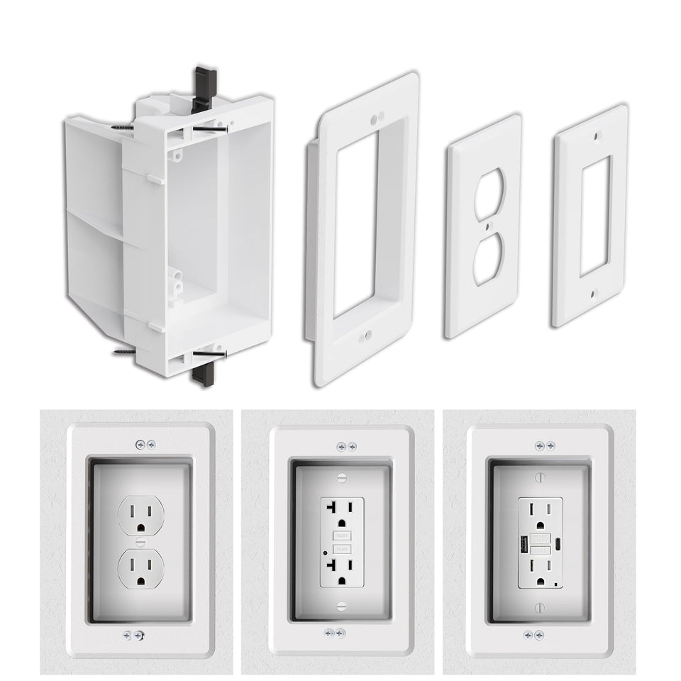 Magaliyo recessed outlet box for wall-mount TV with flush, space-saving setup.
