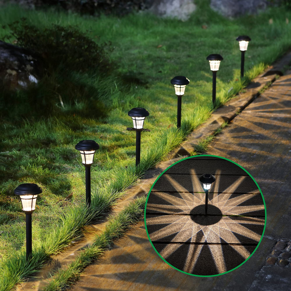 MAGGIFT pathway light by the patio edge adds decorative, weatherproof illumination.