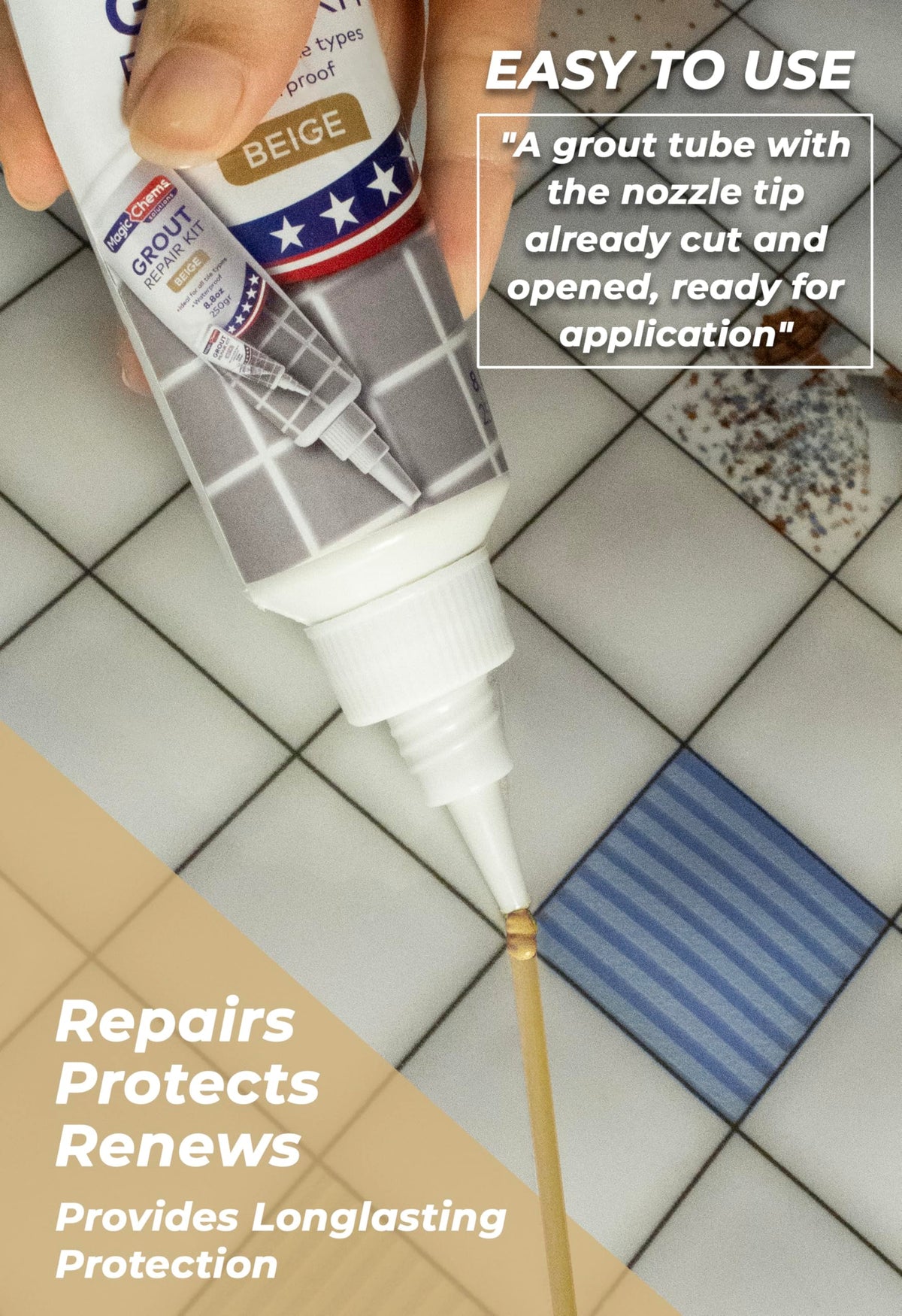 Magic Chems beige grout color fill demonstrates seamless tile grouting after repair
