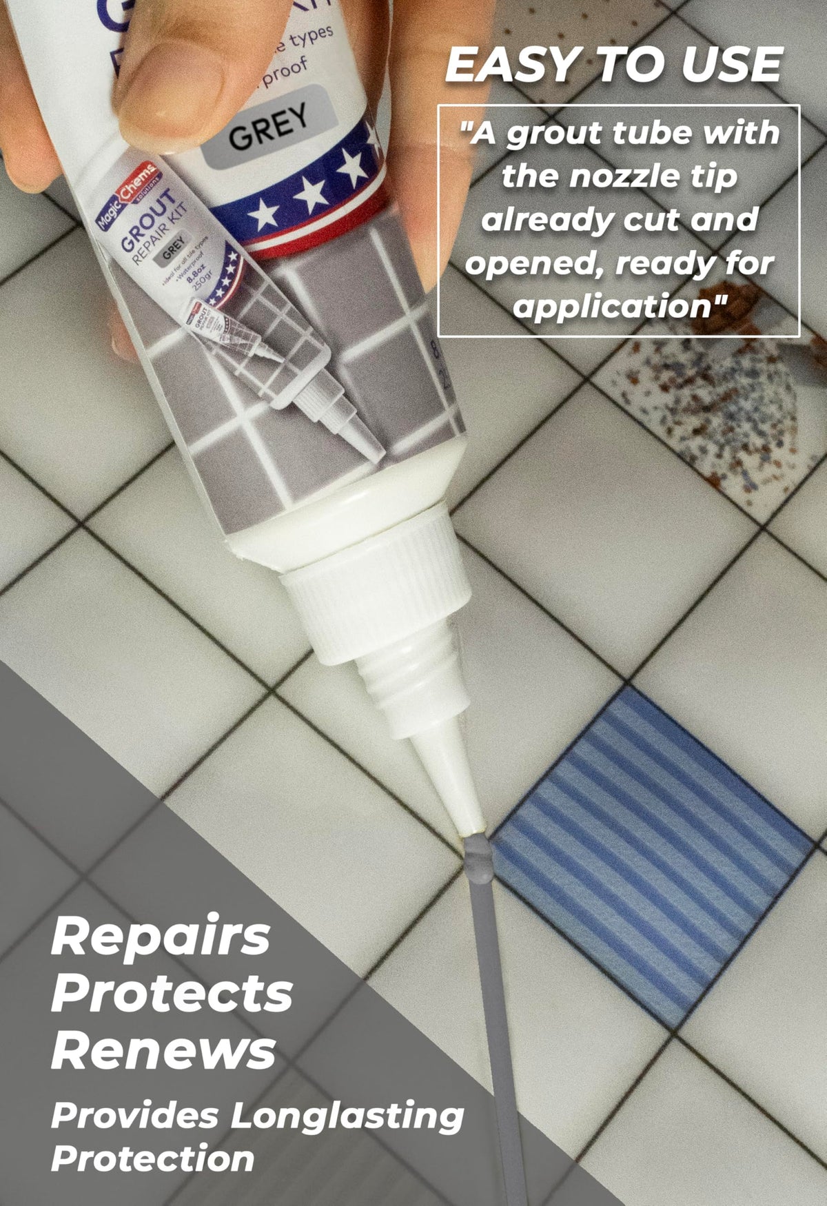 Magic Chems grout repair kit in bathroom demonstrates fast-drying fill