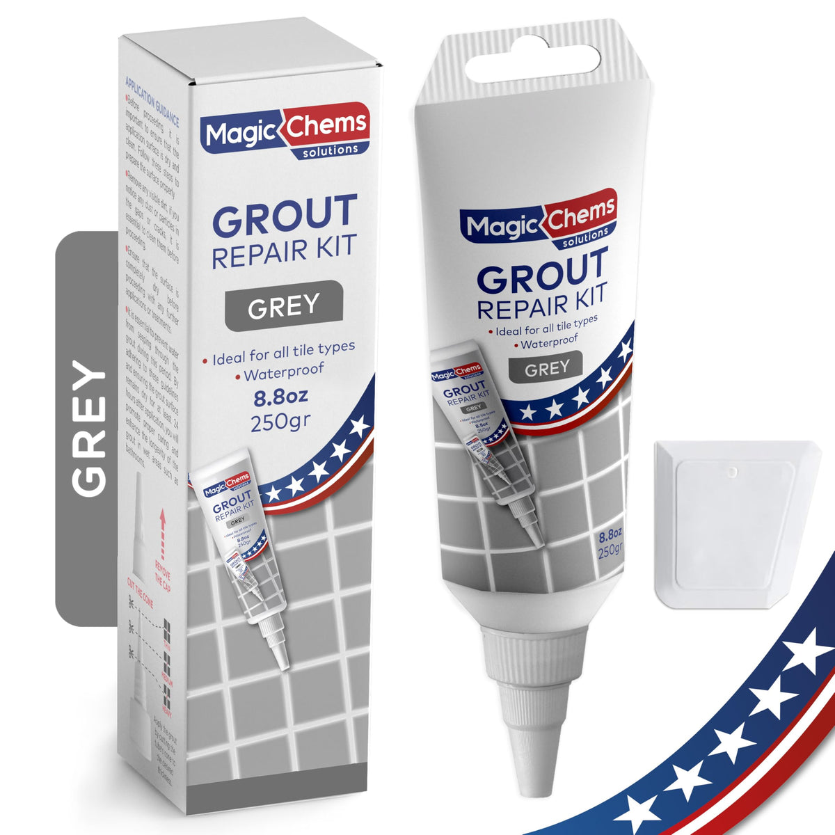 Magic Chems grout repair kit grey tube closeup for precise application
