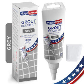 Magic Chems grout repair kit grey tube closeup for precise application