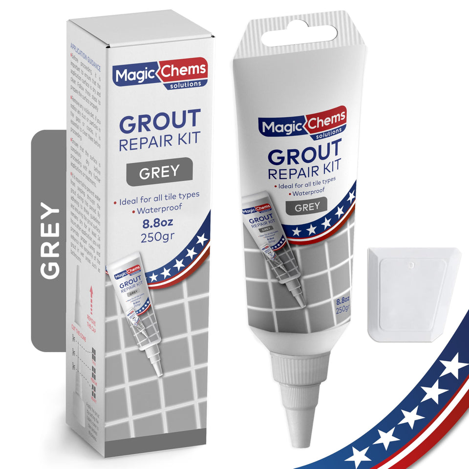 Magic Chems grout repair kit grey tube closeup for precise application