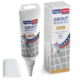 Magic Chems grout repair kit tube application shows easy beige grout restoration