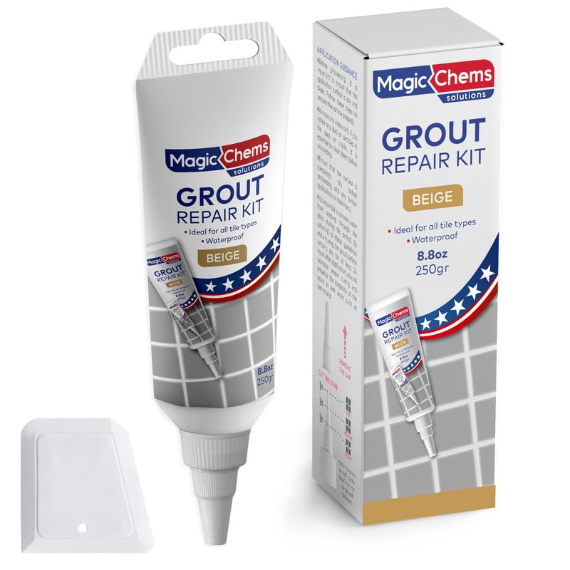 Magic Chems grout repair kit tube application shows easy beige grout restoration