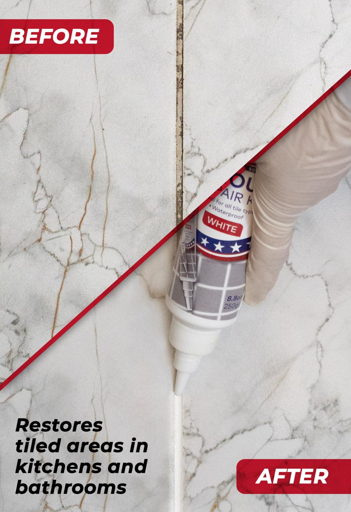 Fast-drying grout repair being applied to bathroom tiles.