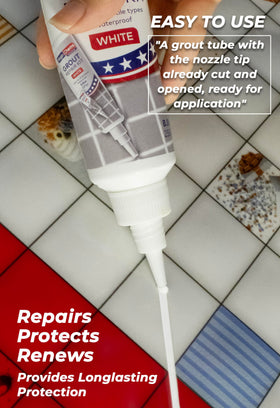 Magic Chems grout repair tube in action applying precise tile joint patch.