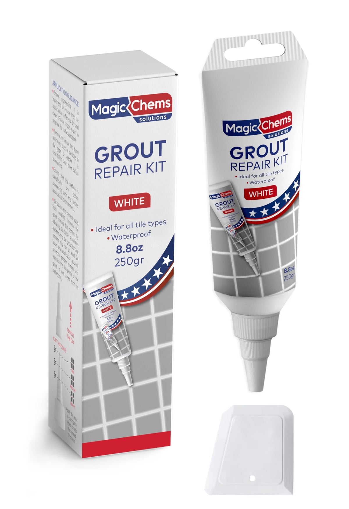 Magic Chems grout repair tube packaging for quick DIY tile restoration.