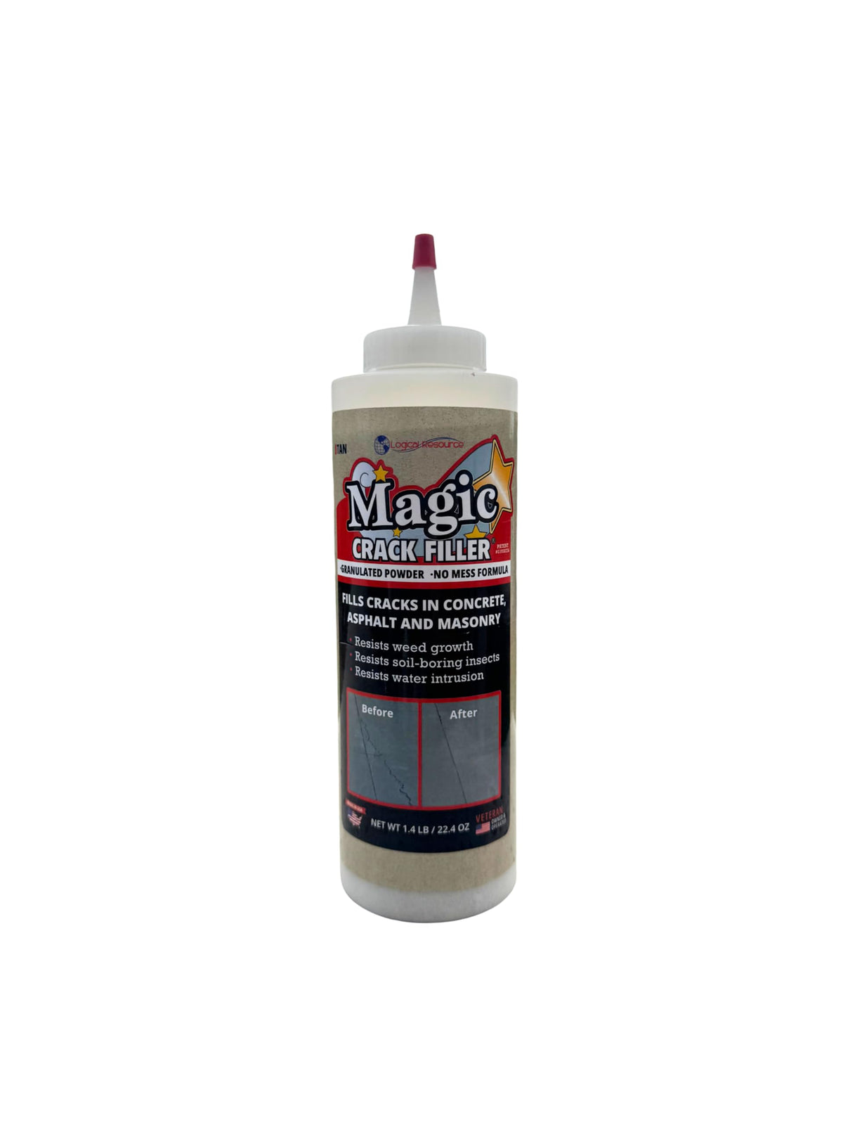 Magic Crack Filler tan bottle pour enables quick, mess-free crack repair.