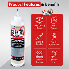 Magic Crack Filler weather-ready formula resists rain and heat.