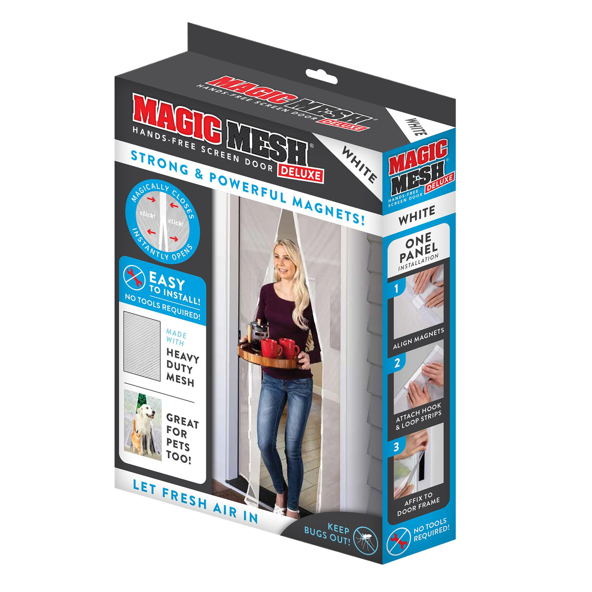 Magic Mesh Deluxe white 39x83 door panel setup demonstrating quick installation