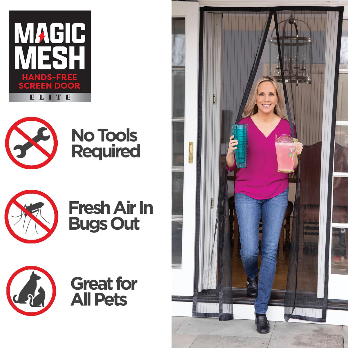 Magic Mesh Elite bug screen door in use with fresh air flow.