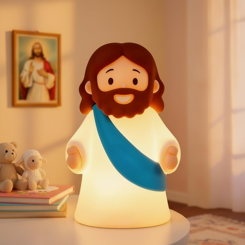 Magical JD Little Jesus Night Light in blue base provides a warm nursery glow