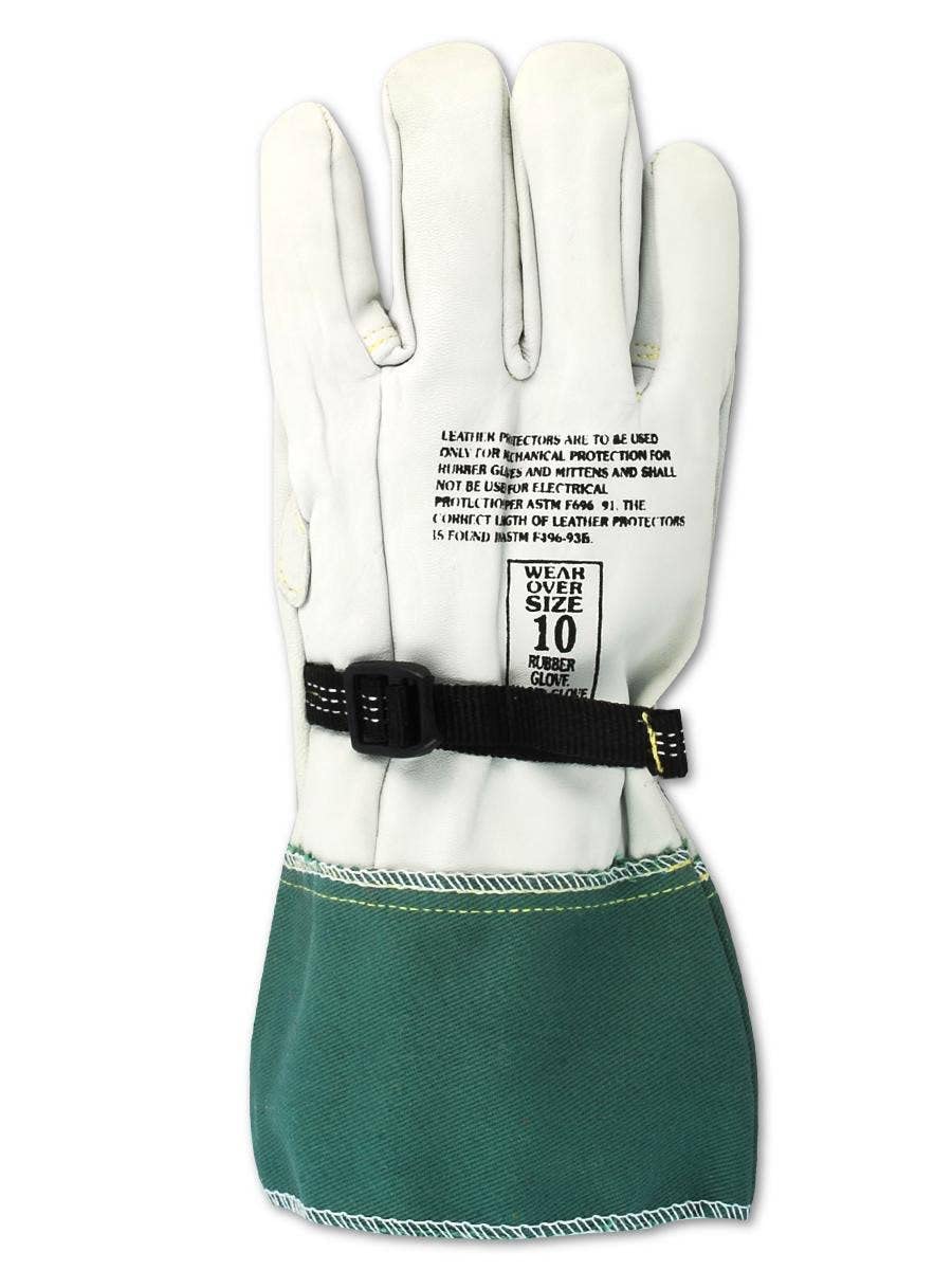 MAGID Leather Electrical Work Glove worn with pull strap for quick donning