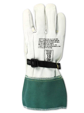 MAGID Leather Electrical Work Glove worn with pull strap for quick donning