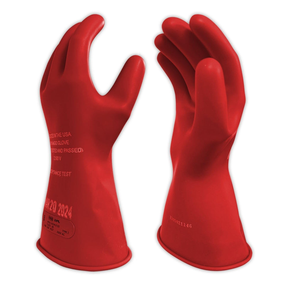 MAGID M011R10 rubber insulating glove in donning pose; ideal for high voltage lineman work