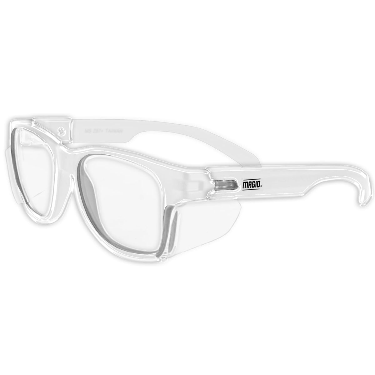 MAGID Y50 with clear frame and side shields for enhanced peripheral protection during work.