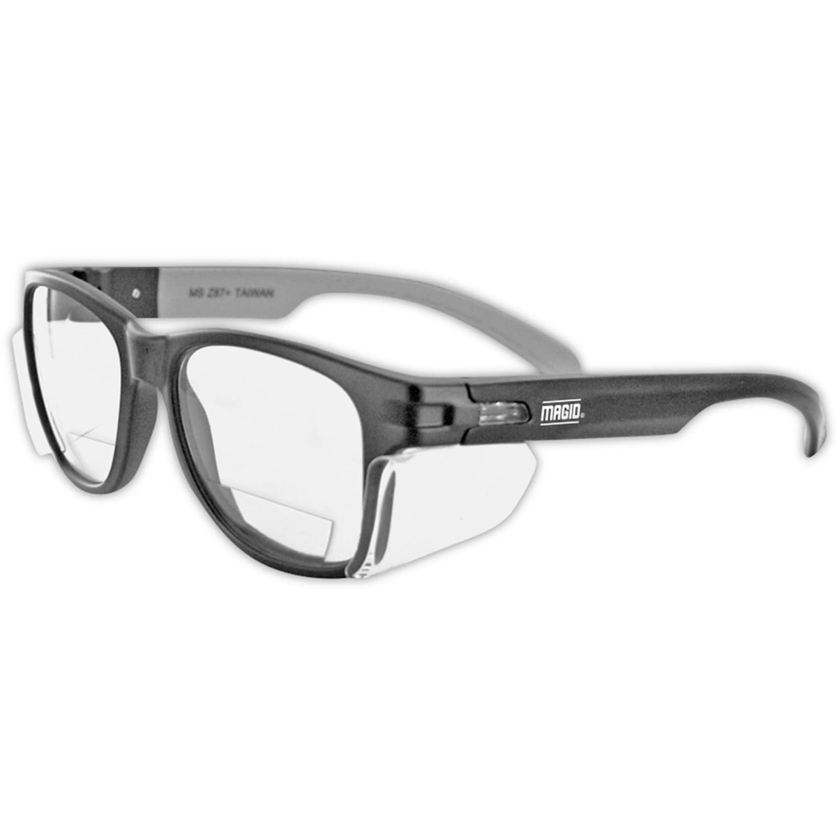 MAGID Y50 safety glasses with black frame and side shields offer wide peripheral vision for all-day comfort.