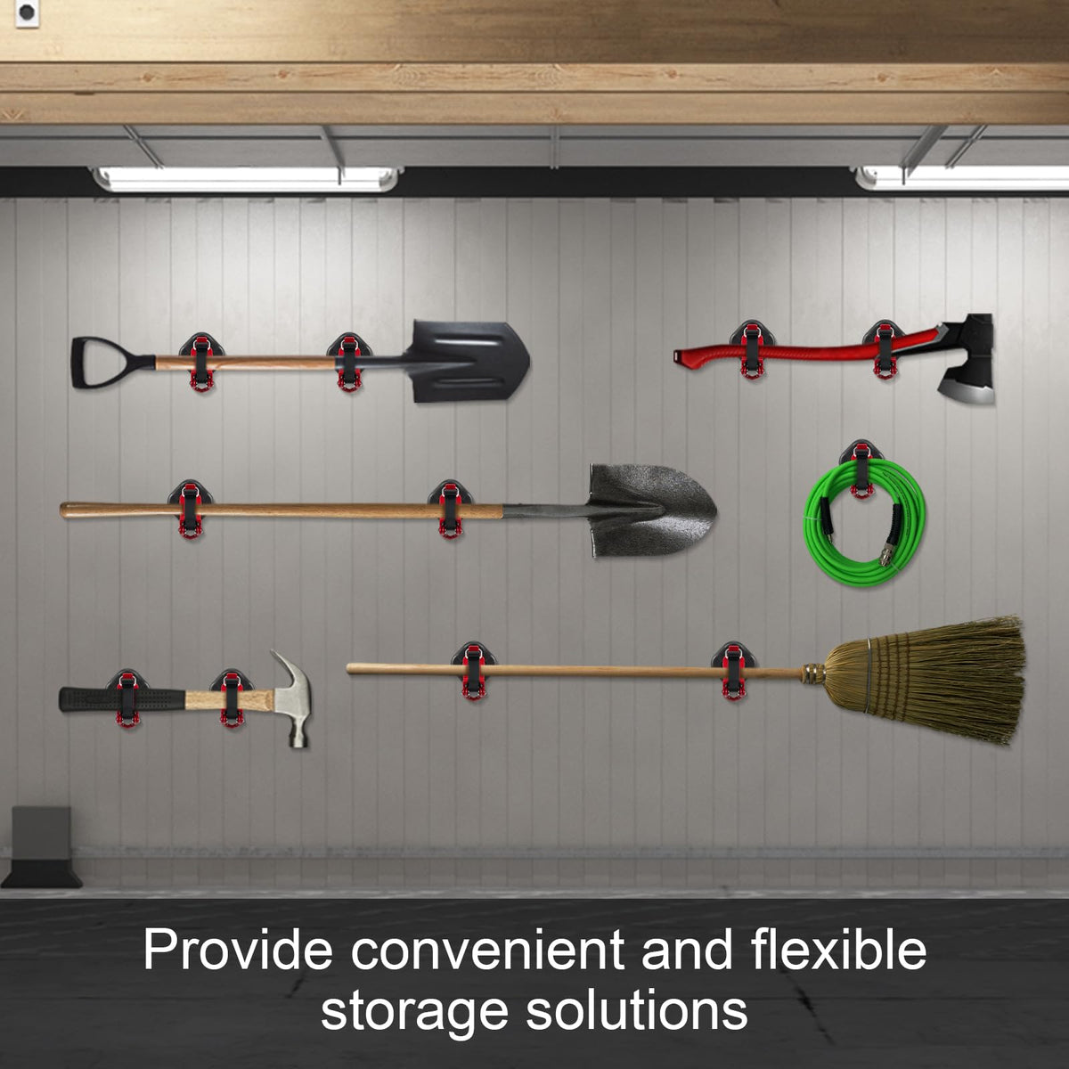 Versatile MagitcSee storage solution fits shovels, axes, hoses, and more.