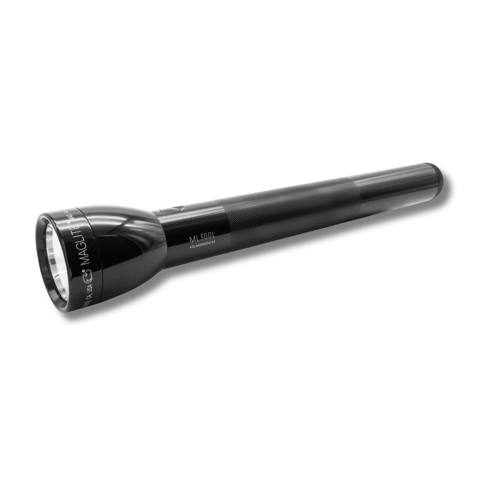 MagLite ML300L four-D cell battery compartment shown for reliable indoor and outdoor power.