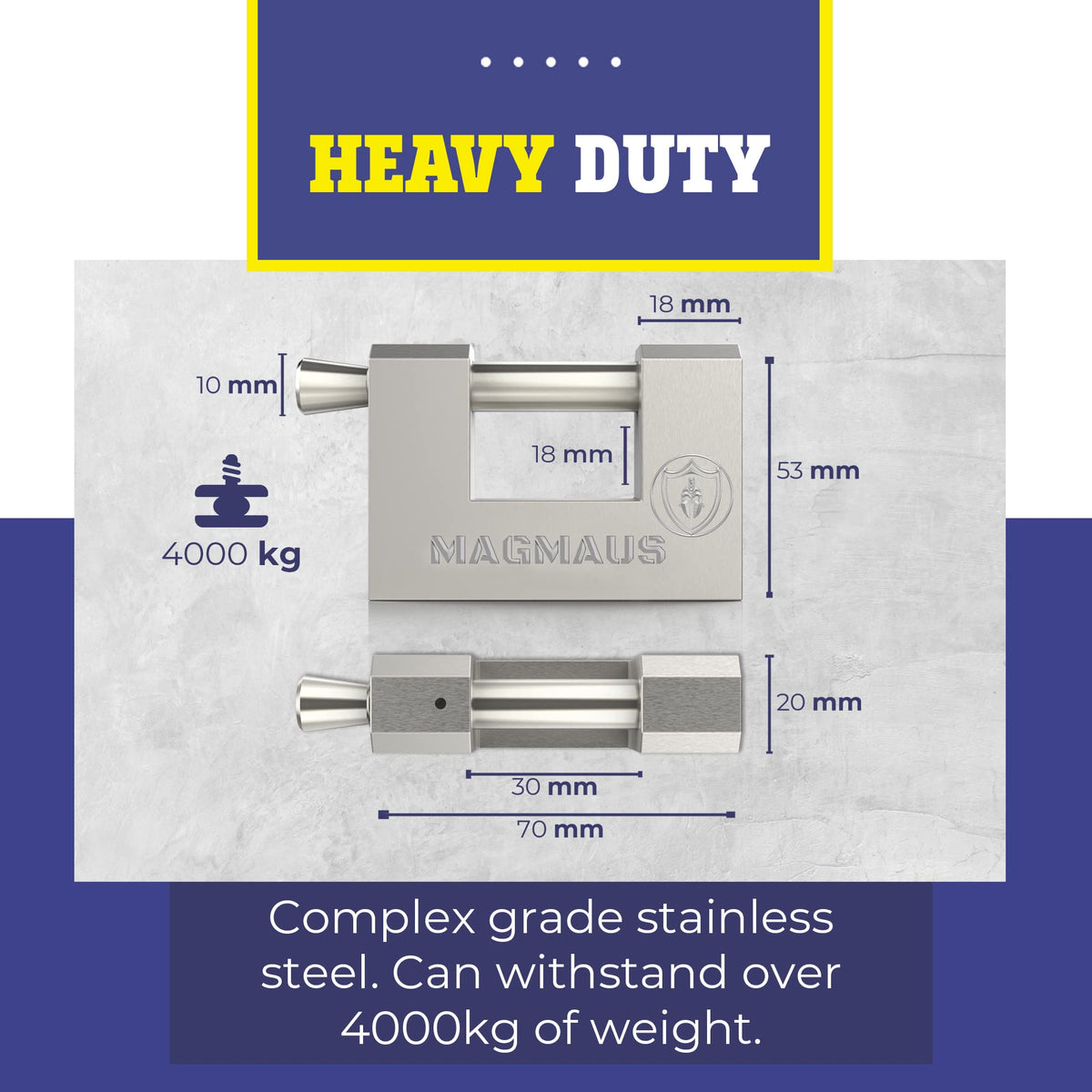 Magmaus RTL70 armoured padlock side view highlighting reinforced casing
