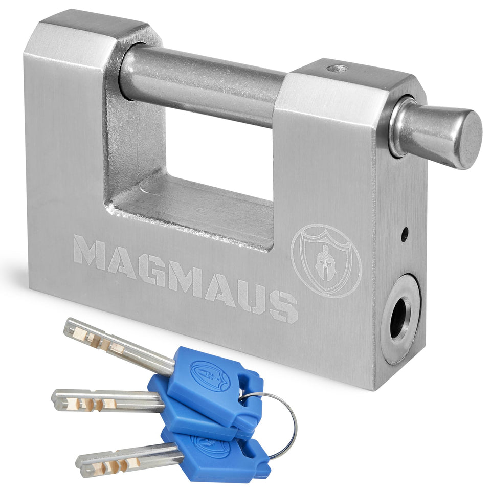 Magmaus RTL80 armoured padlock front view for secure outdoor storage