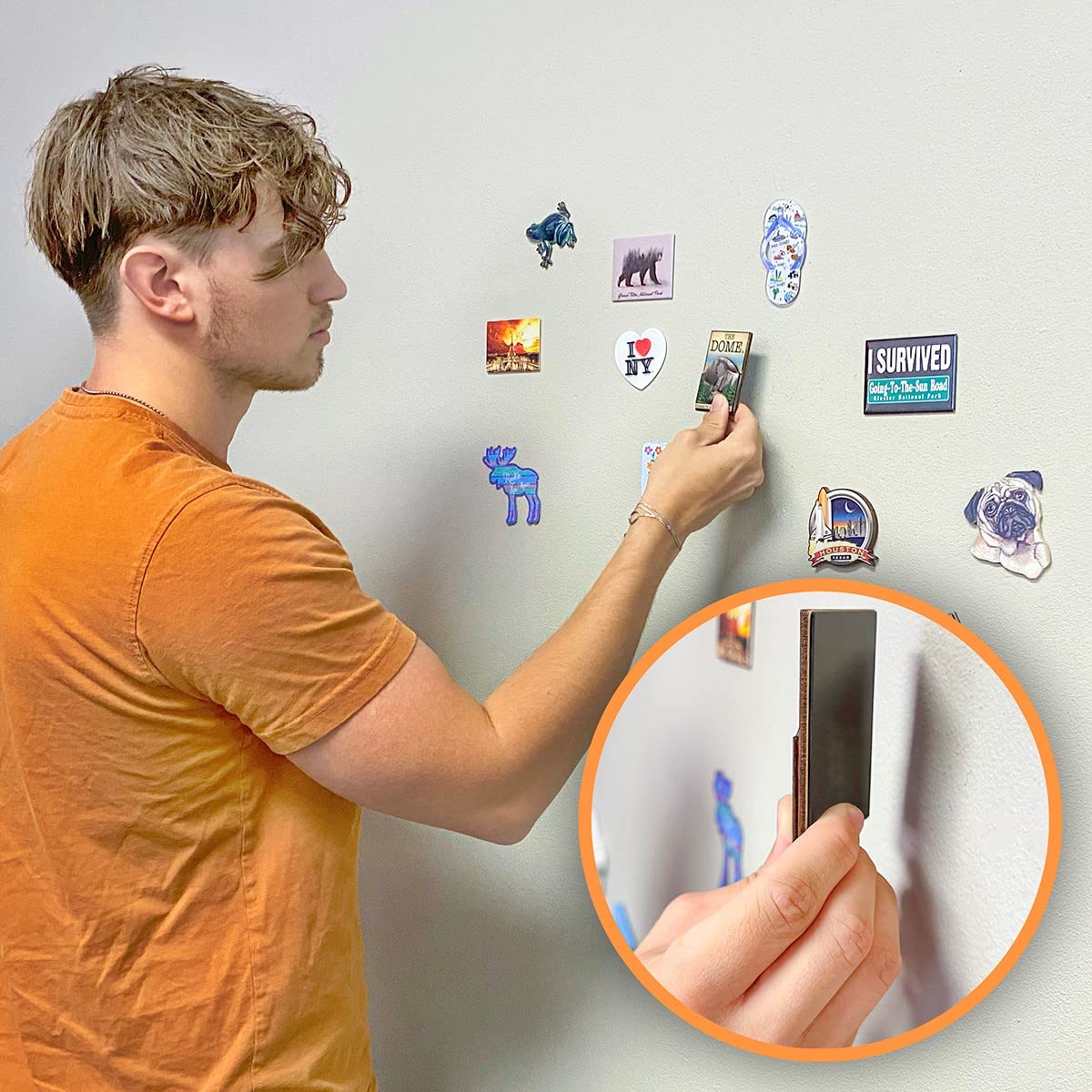 Magnetize-It! living room magnetic wall display with photos and magnets.