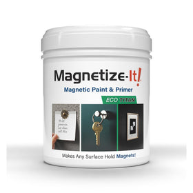 Magnetize-It! paint bottle close-up highlighting magnetic base formula for walls
