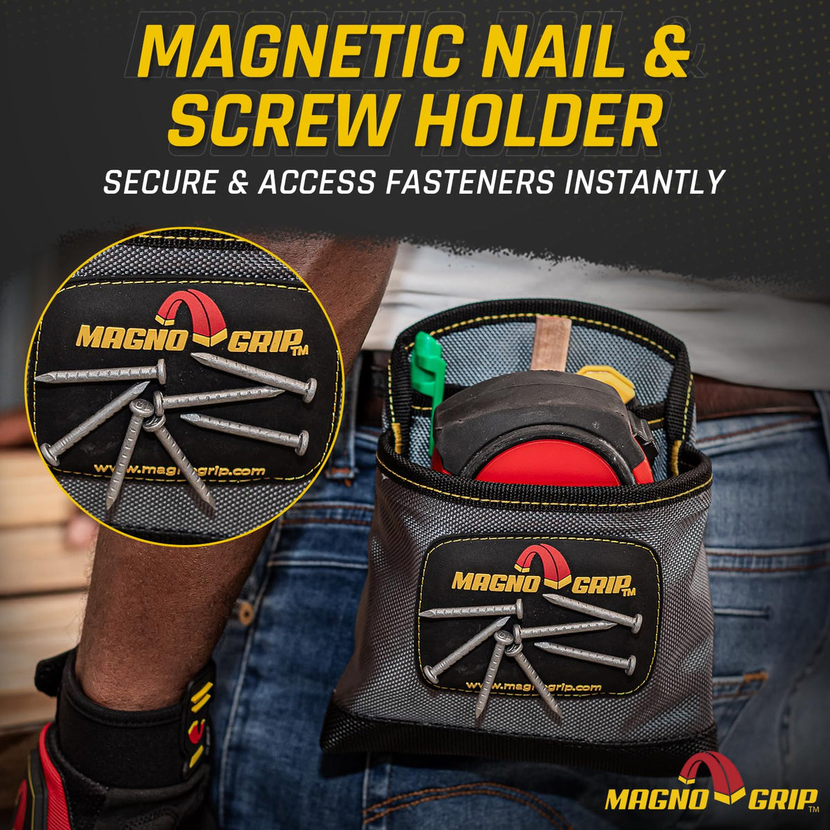 MagnoGrip 3-pocket design on belt enables organized tools and fasteners during work.