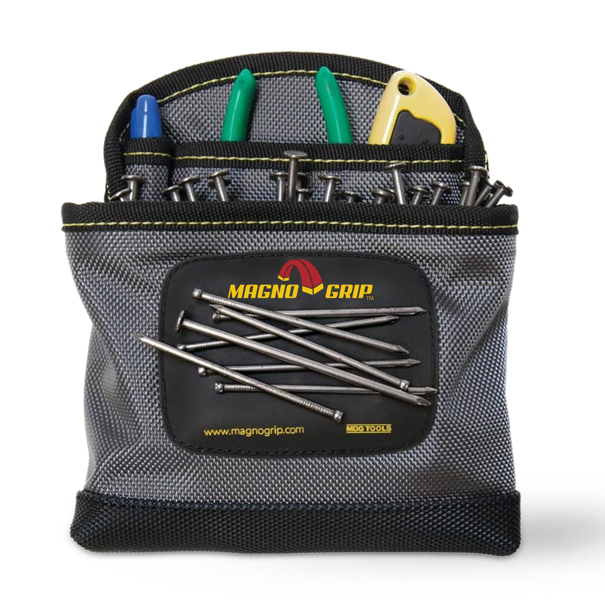 MagnoGrip nail pouch front view highlights magnetic storage for fasteners on site.