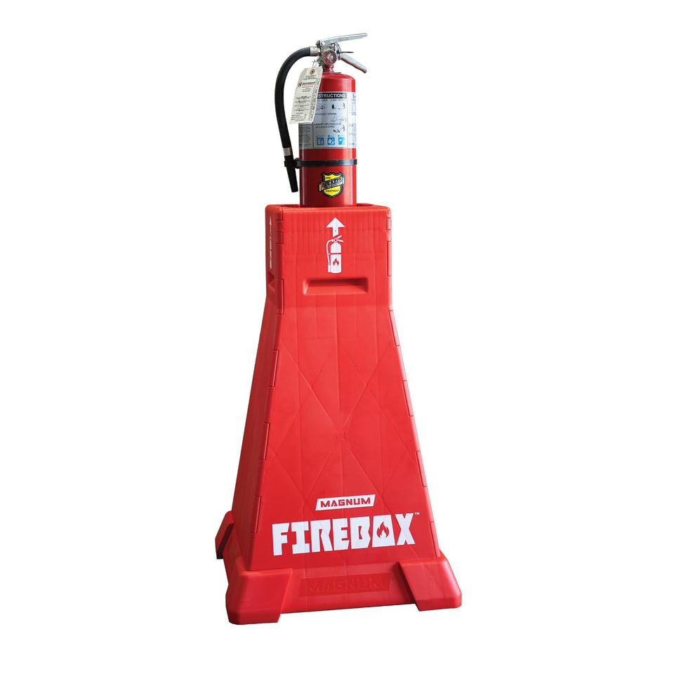 Magnum Tool Firebox stand base stabilizes extinguishers for indoor and outdoor use.