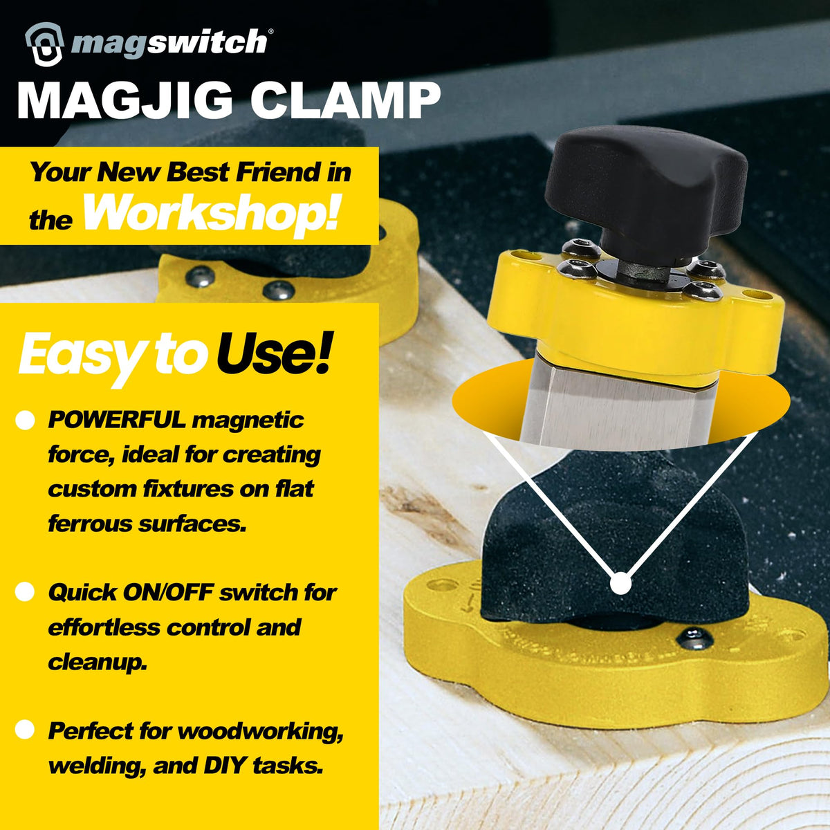 Magswitch MagJig 95 clip-over-fixture demonstrates quick securement during assembly.