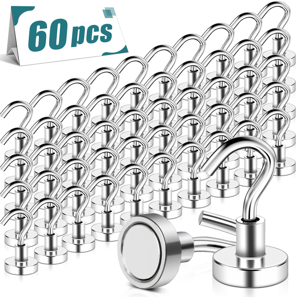 MAGXCENE 60-pack magnetic hooks close-up shows rugged neodymium magnets for secure organization.