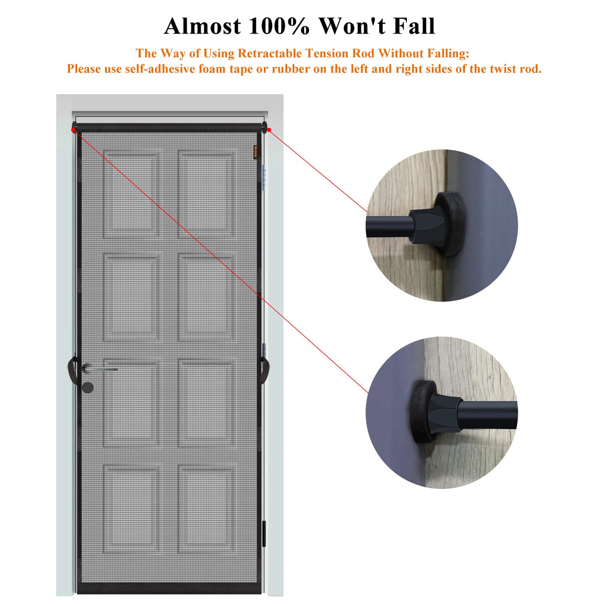 MAGZO adjustable tension rod shows flexible width for different door sizes.
