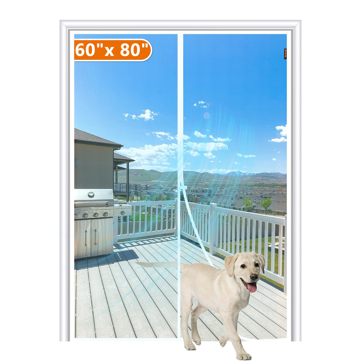 MAGZO magnetic screen door shown 60x80, smooth hands-free entry and automatic closure.