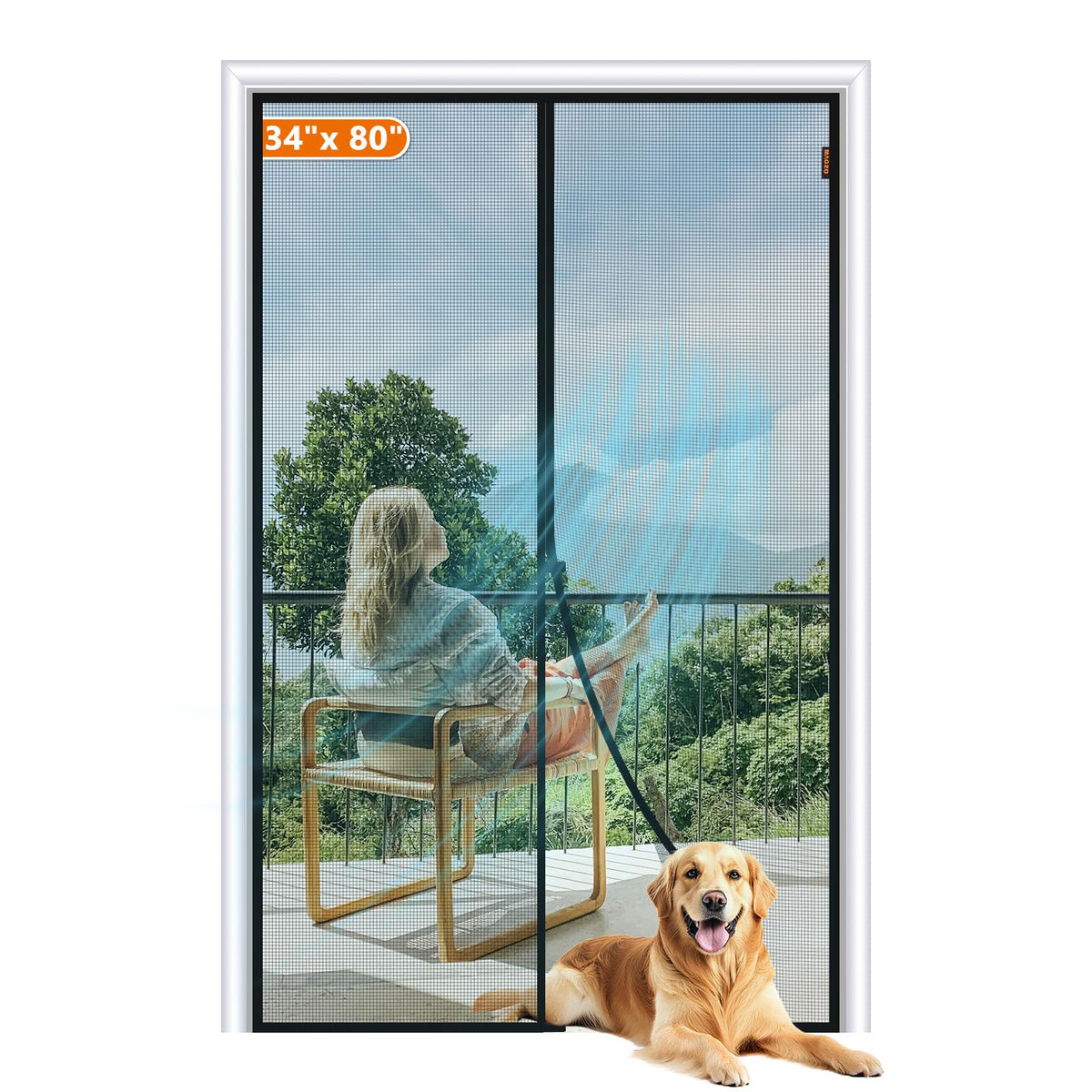 MAGZO magnetic screen door close-up shows durable fiberglass mesh for pet-friendly homes.
