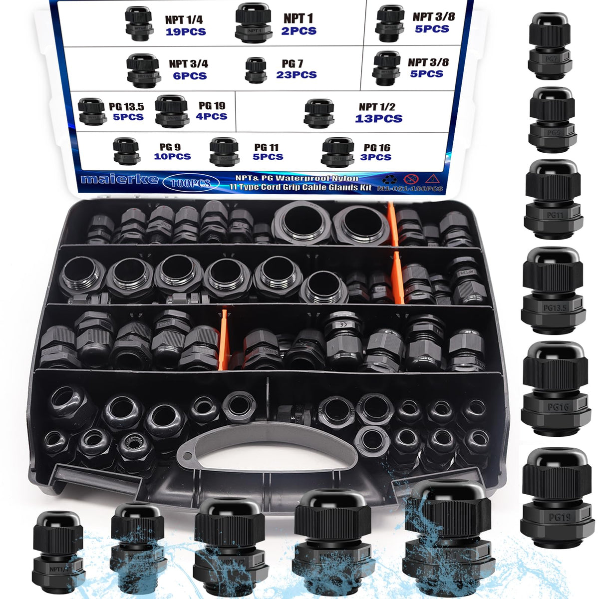 Maierke 100PCS IP68 cable glands kit for durable outdoor wiring