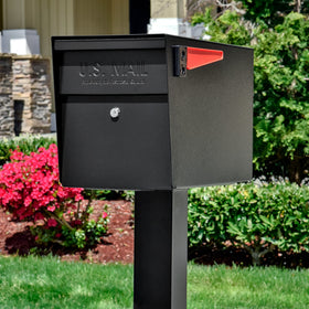 Mail Boss 7121 in-ground post side view highlights durable steel.